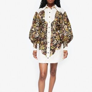 Alemais Floral Puff Sleeve Mini Dress - Cream and Brown